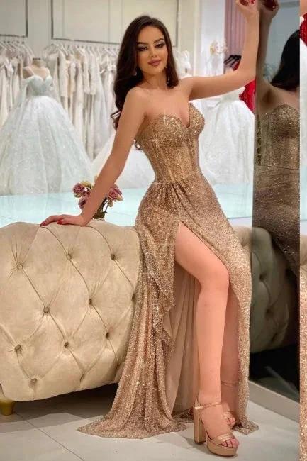 A-Line Gold Sleeveless Floor-Length Strapless Split Front Prom Dresses with Sequins by misshow.com
