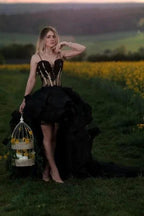 A-Line Hi-Lo Black Sweetheart Tulle Sleeveless Floor-Length Prom Dresses with Lace by misshow.com
