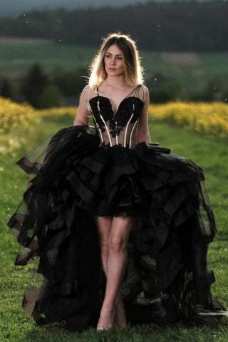 A-Linie Hi-Lo Schwarzes Sweetheart Tüll Ärmelloses bodenlanges Ballkleid mit Spitze