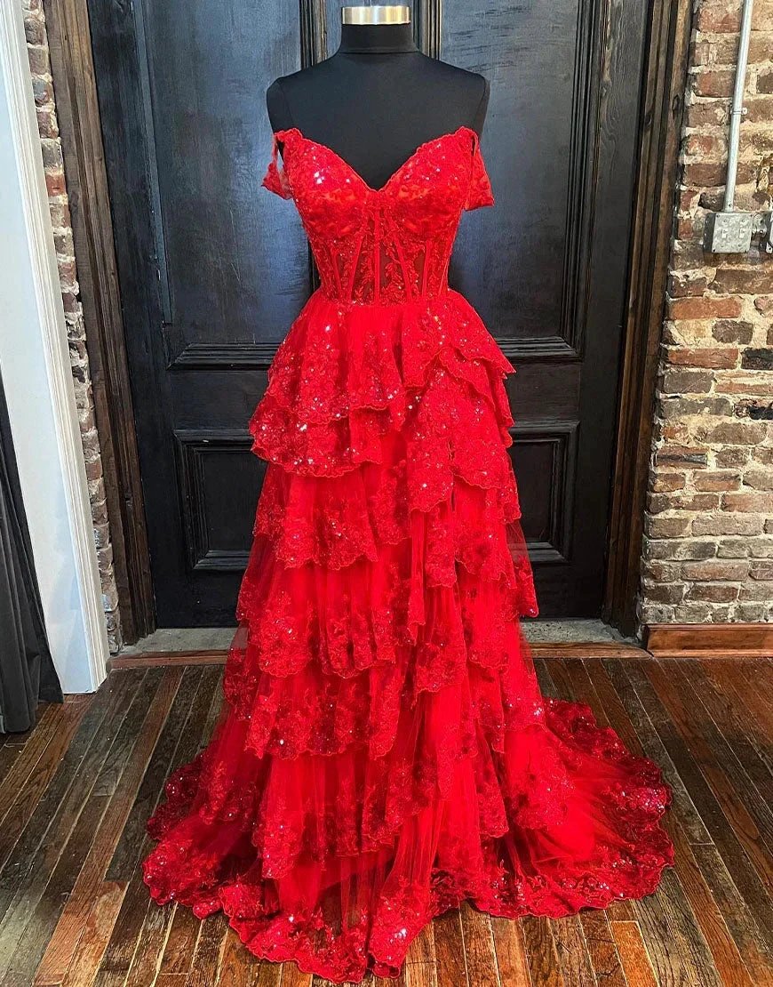 Red Princess A Line Off the Shoulder Corset Prom Dress with Lace Ruffles by KissProm