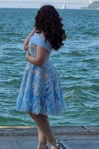 A-Line Light Blue Off The Shoulder Tulle Short Sleeve Prom Dresses with Appliques by misshow.com