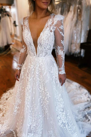 A-Linie, Langarm, bodenlang, fabelhaftes V-Ausschnitt-Brautkleid aus Tüll mit Applikationen