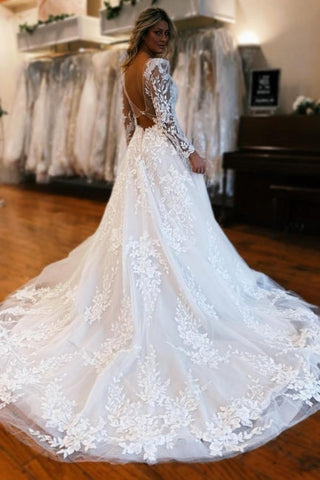 A-Linie, Langarm, bodenlang, fabelhaftes V-Ausschnitt-Brautkleid aus Tüll mit Applikationen