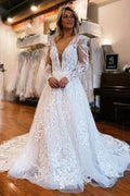 A-Line Long Sleeve Floor-Length Fabulous V-Neck Tulle Wedding Dresses with Appliques by misshow.com