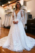 A-Line Long Sleeve Floor-Length Fabulous V-Neck Tulle Wedding Dresses with Appliques by misshow.com