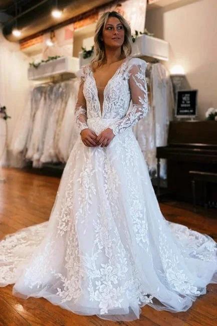 A-Line Long Sleeve Floor-Length Fabulous V-Neck Tulle Wedding Dresses with Appliques by misshow.com