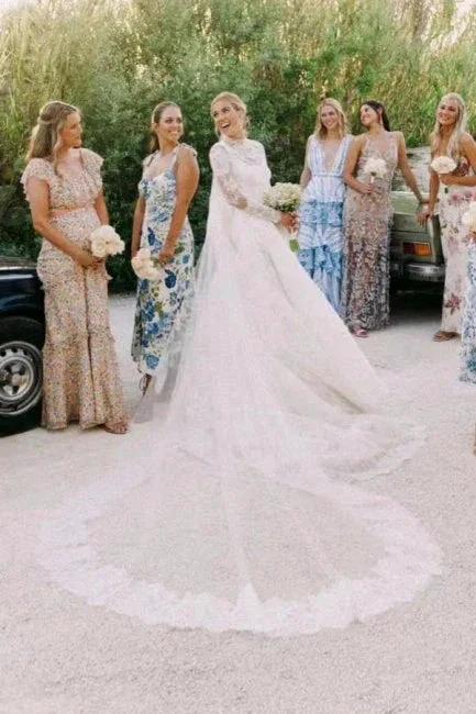 A-Line Long Sleeve Square Neck Floor-Length Tulle Open Back Wedding Dresses with Lace by misshow.com