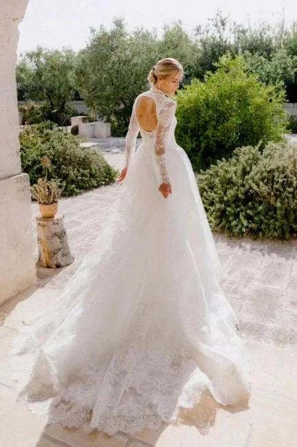 A-Line Long Sleeve Square Neck Floor-Length Tulle Open Back Wedding Dresses with Lace by misshow.com