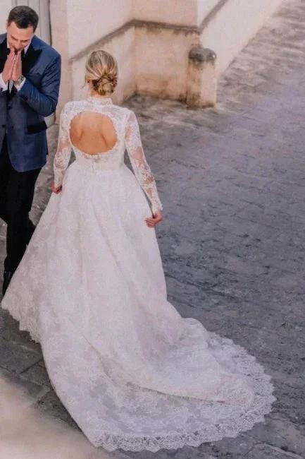 A-Line Long Sleeve Square Neck Floor-Length Tulle Open Back Wedding Dresses with Lace by misshow.com