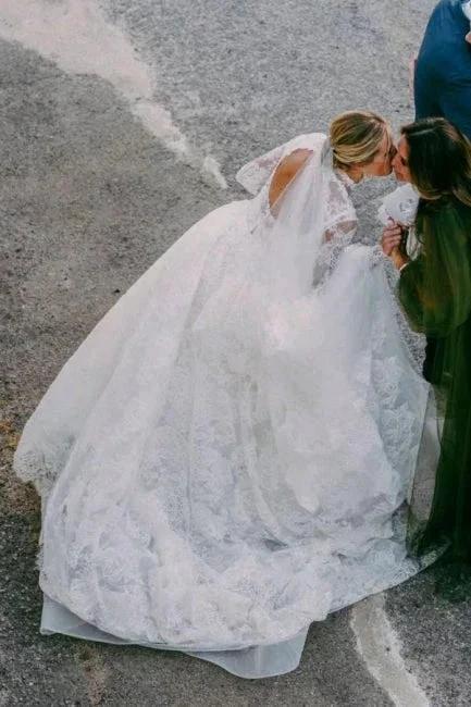 A-Line Long Sleeve Square Neck Floor-Length Tulle Open Back Wedding Dresses with Lace by misshow.com