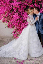 A-Line Long Sleeve Square Neck Floor-Length Tulle Open Back Wedding Dresses with Lace by misshow.com