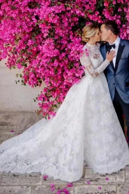 A-Line Long Sleeve Square Neck Floor-Length Tulle Open Back Wedding Dresses with Lace by misshow.com