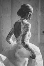 A-Line Long Sleeve Square Neck Floor-Length Tulle Open Back Wedding Dresses with Lace by misshow.com