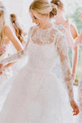 A-Line Long Sleeve Square Neck Floor-Length Tulle Open Back Wedding Dresses with Lace by misshow.com