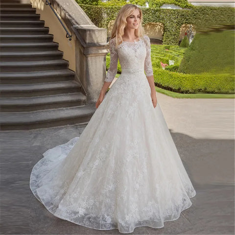 A-Linie Luxus Brautkleider Spitze Applique 3/4 Ärmel Hochzeit Party Brautkleider Vestidos Baratos Con Envio Gratis Robe De 