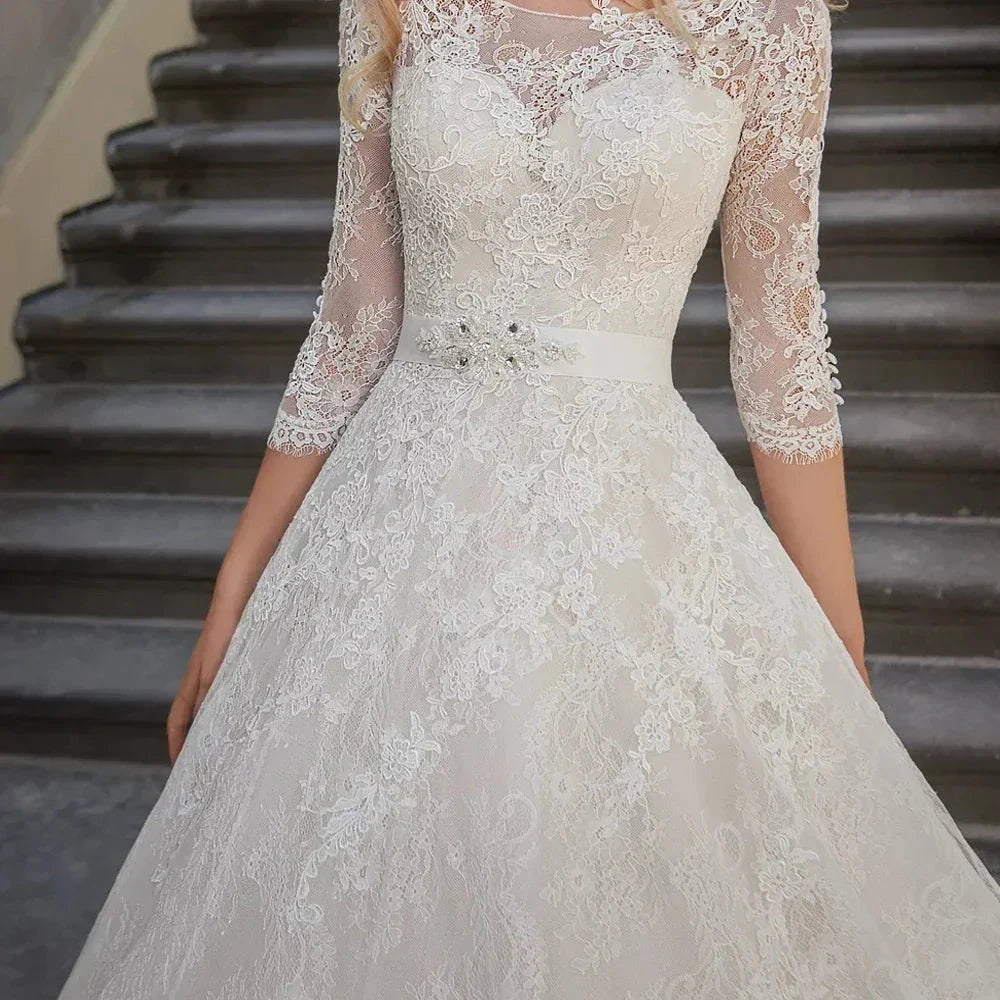 A-Line Luxury Wedding Gowns Lace Applique 3/4 Sleeve Wedding Party Bridal Dresses Vestidos Baratos Con Envio Gratis Robe De by payinti