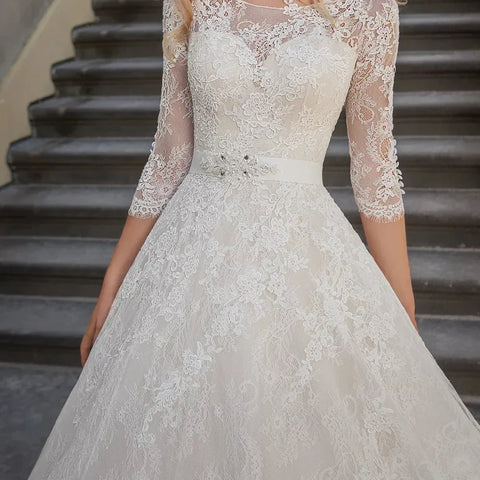 A-Linie Luxus Brautkleider Spitze Applique 3/4 Ärmel Hochzeit Party Brautkleider Vestidos Baratos Con Envio Gratis Robe De 