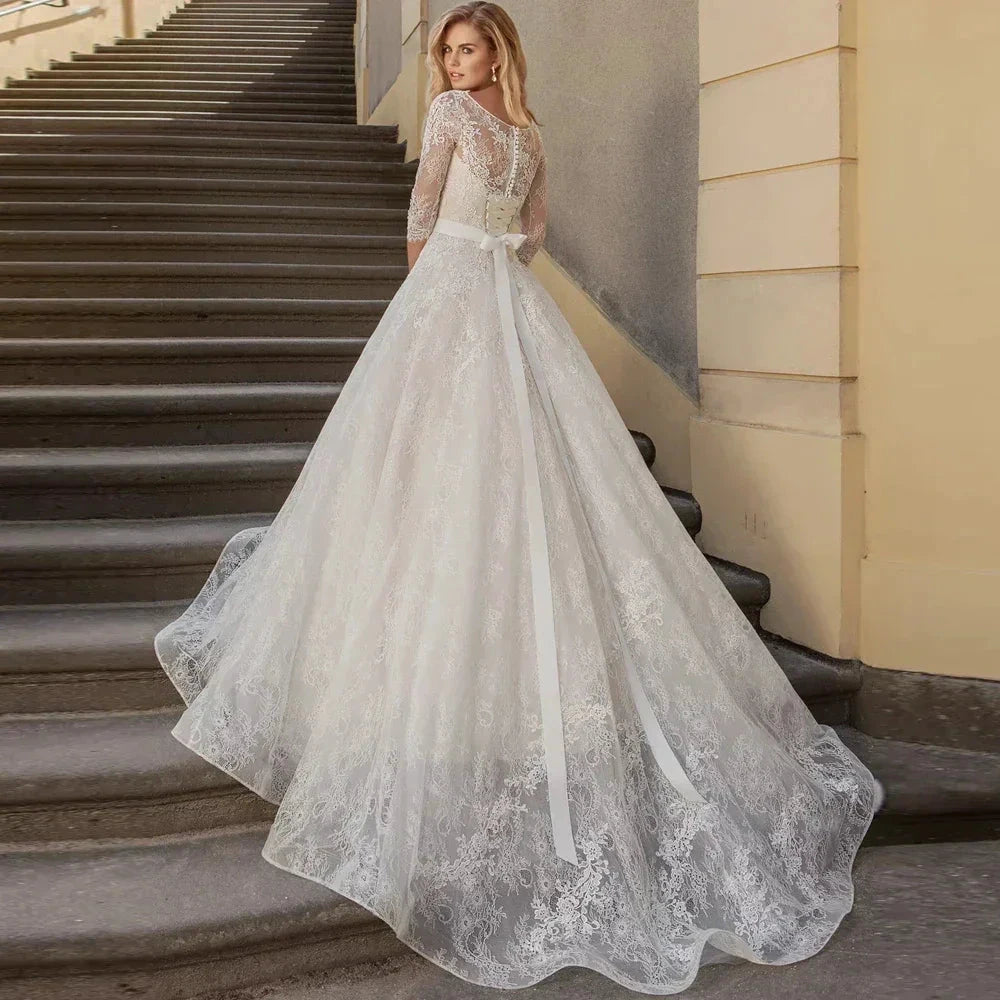 A-Line Luxury Wedding Gowns Lace Applique 3/4 Sleeve Wedding Party Bridal Dresses Vestidos Baratos Con Envio Gratis Robe De by payinti