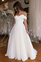 A-Line Off-The-Shoulder Floor-Length Short Sleeve Stain Wedding Dresses with Ruffles