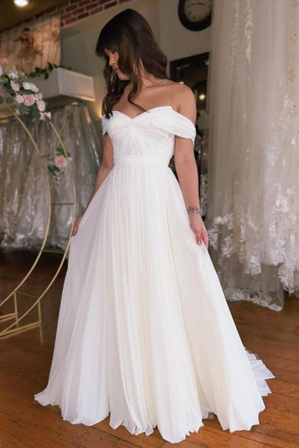 A-Line Off-The-Shoulder Floor-Length Short Sleeve Stain Wedding Dresses with Ruffles Main Image
