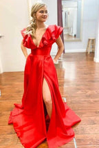 Betsy | Hot Pink V-Neck Ruffle A-Line Long Prom Dress by KissProm