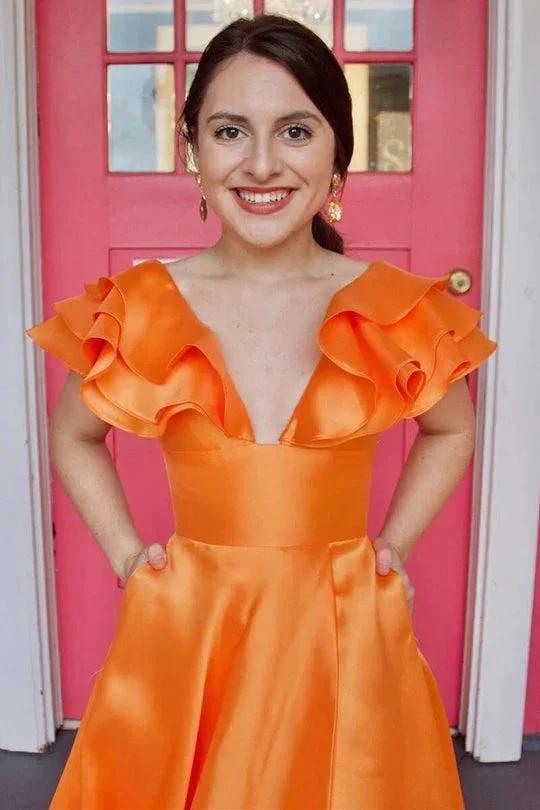 Betsy | Hot Pink V-Neck Ruffle A-Line Long Prom Dress by KissProm
