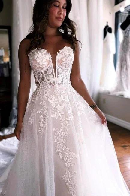 A-Line Sleeveless Floor-Length Tulle Sweetheart Wedding Dresses with Appliques by misshow.com
