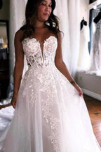 A-Line Sleeveless Floor-Length Tulle Sweetheart Wedding Dresses with Appliques by misshow.com