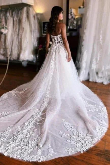 A-Line Sleeveless Floor-Length Tulle Sweetheart Wedding Dresses with Appliques by misshow.com