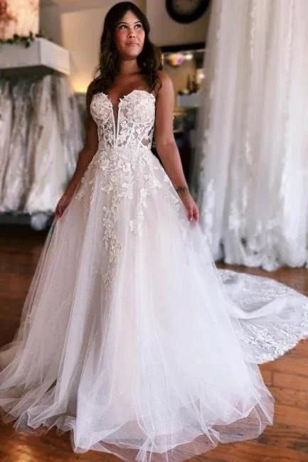 A-Line Sleeveless Floor-Length Tulle Sweetheart Wedding Dresses with Appliques by misshow.com