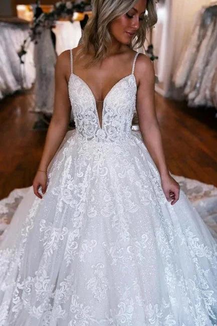 A-Line Spaghetti Straps Floor-Length Sweetheart Appliques Wedding Dresses with Lace by misshow.com