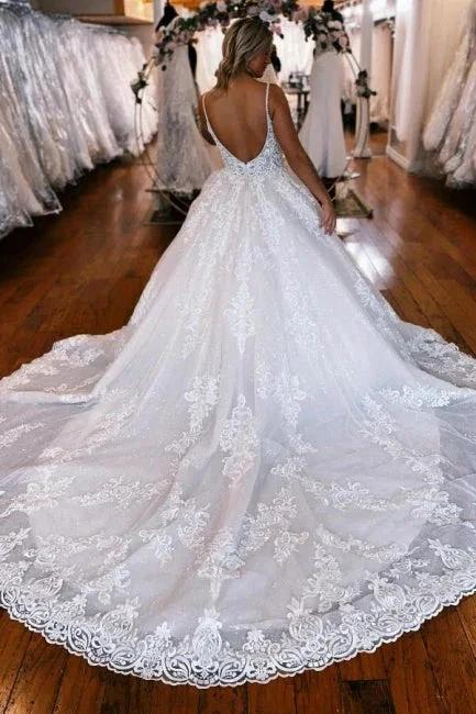 A-Line Spaghetti Straps Floor-Length Sweetheart Appliques Wedding Dresses with Lace by misshow.com