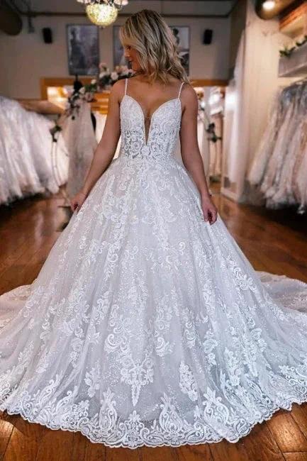 A-Line Spaghetti Straps Floor-Length Sweetheart Appliques Wedding Dresses with Lace by misshow.com