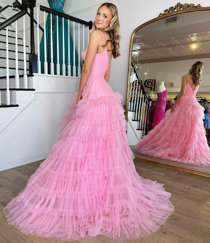 Alianna | Vestido de fiesta de tul escalonado con tirantes finos y corte A 