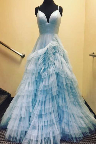 Alianna | Vestido de fiesta de tul escalonado con tirantes finos y corte A 