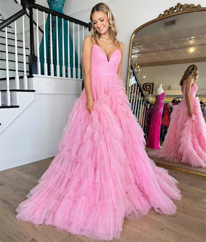 Alianna | Vestido de fiesta de tul escalonado con tirantes finos y corte A 