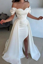 A-Line Split Front Off-The-Shoulder Sweetheart Stain Wedding Dresses with Ruffles by misshow.com