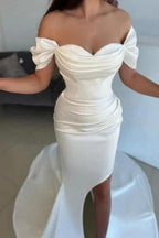 A-Line Split Front Off-The-Shoulder Sweetheart Stain Wedding Dresses with Ruffles by misshow.com