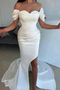 A-Line Split Front Off-The-Shoulder Sweetheart Stain Wedding Dresses with Ruffles by misshow.com
