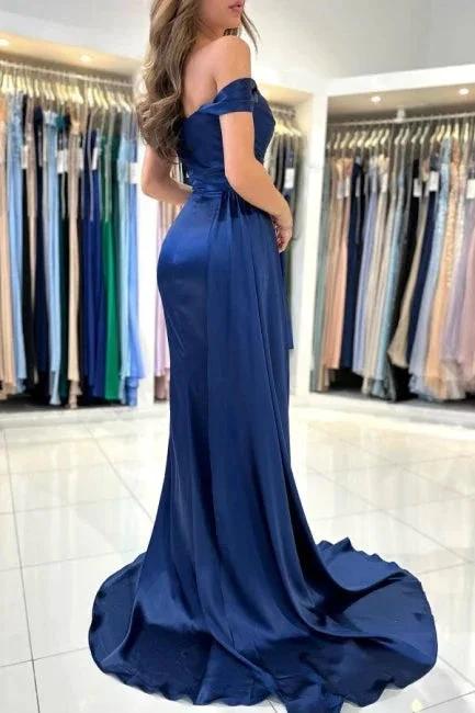 A-Line Stain Royal Blue Sweetheart Split Front Off-the-Shoulder Strapless Prom Dresses with Ruffles by misshow.com