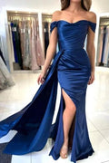 A-Line Stain Royal Blue Sweetheart Split Front Off-the-Shoulder Strapless Prom Dresses with Ruffles by misshow.com