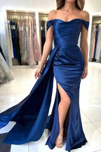 A-Line Stain Royal Blue Sweetheart Split Front Off-the-Shoulder Strapless Prom Dresses with Ruffles by misshow.com
