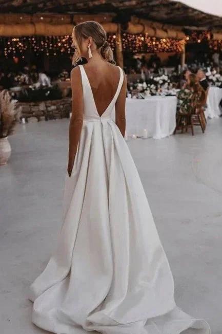 A-Line Stain V-Neck Split Front Sleeveless Wedding Dresses with Ruffles by misshow.com