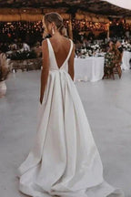 A-Line Stain V-Neck Split Front Sleeveless Wedding Dresses with Ruffles by misshow.com