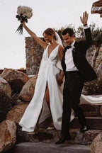 A-Line Stain V-Neck Split Front Sleeveless Wedding Dresses with Ruffles by misshow.com