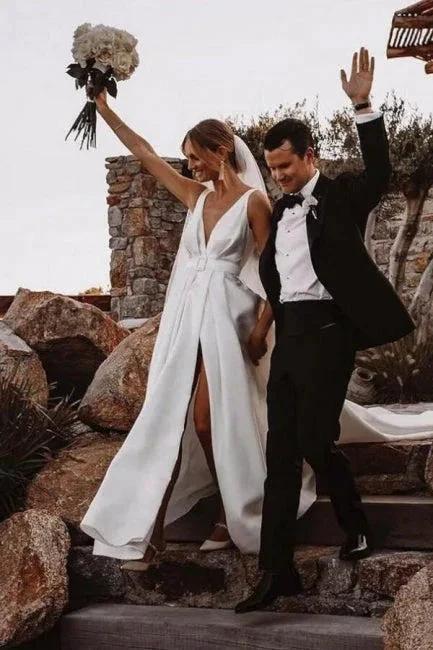 A-Line Stain V-Neck Split Front Sleeveless Wedding Dresses with Ruffles by misshow.com