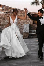 A-Line Stain V-Neck Split Front Sleeveless Wedding Dresses with Ruffles by misshow.com