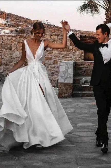 A-Line Stain V-Neck Split Front Sleeveless Wedding Dresses with Ruffles by misshow.com