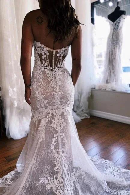 A-Line Sweetheart Floor-Length Split Front Tulle Wedding Dresses with Lace by misshow.com