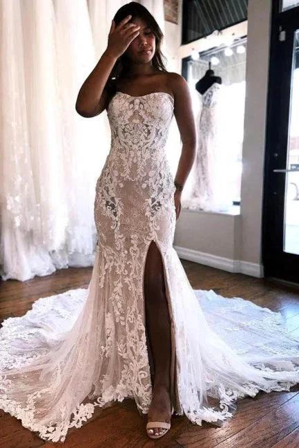 A-Line Sweetheart Floor-Length Split Front Tulle Wedding Dresses with Lace by misshow.com